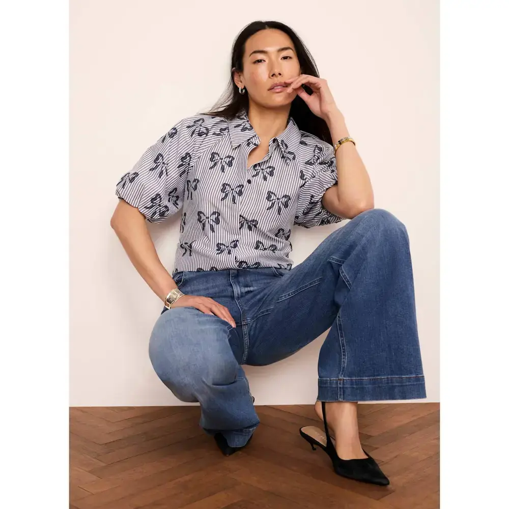 Mint Velvet Blue Cotton Blend Striped Bow Shirt